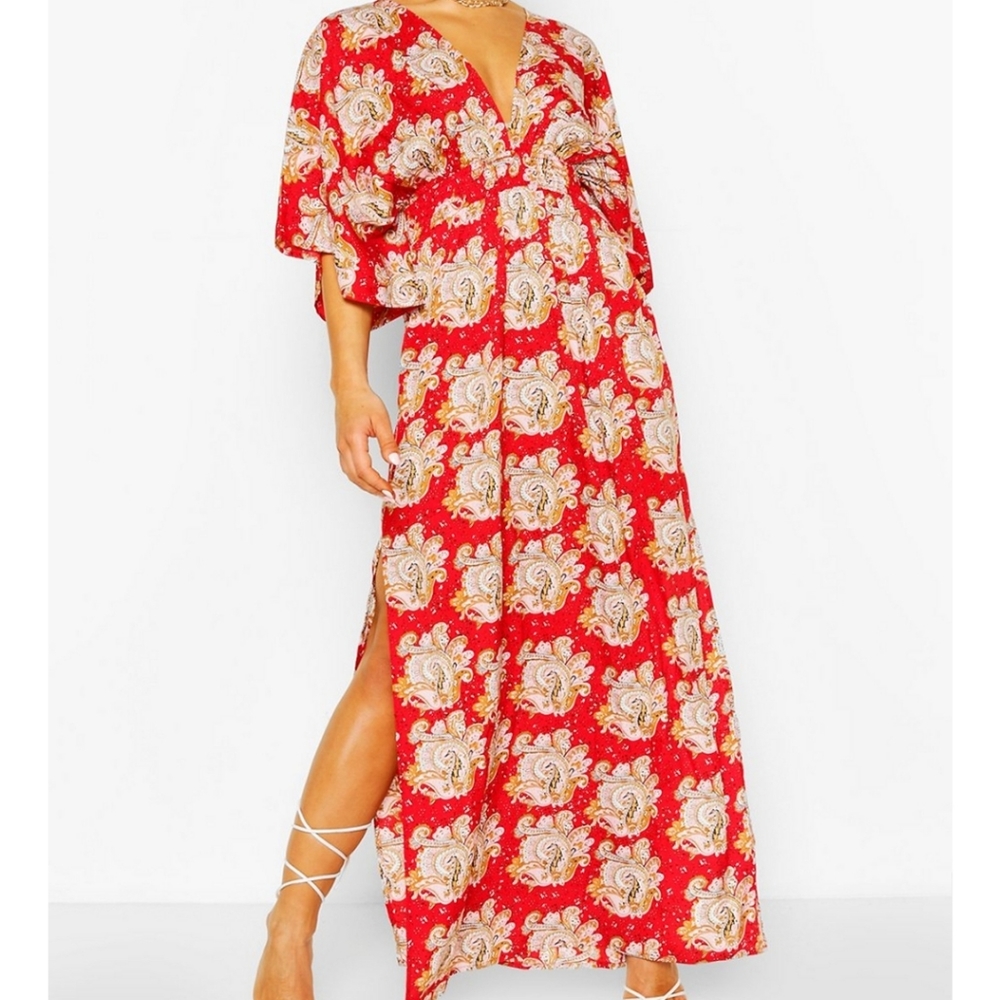 Paisley Kimono Sleeve Plunge Split Maxi Dress